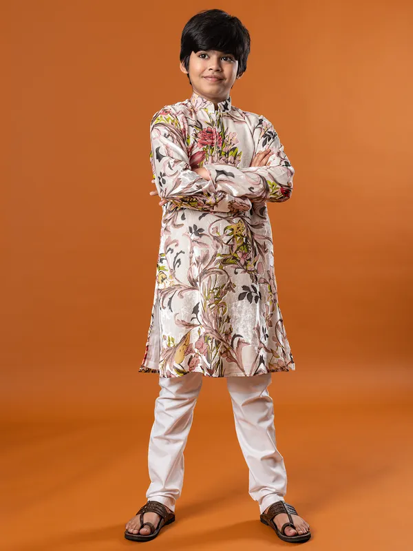 Multi coloured velvet printed kurta suit for boys