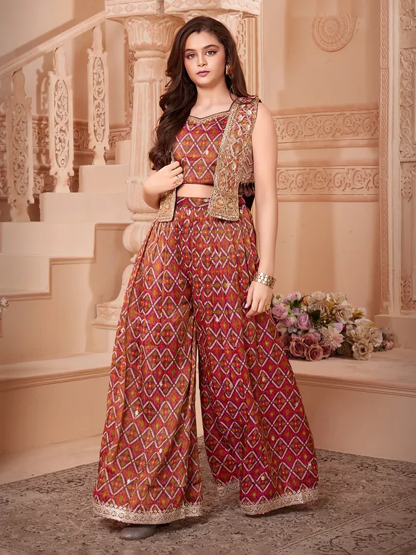 Multicolor cotton silk palazzo suit with jacket