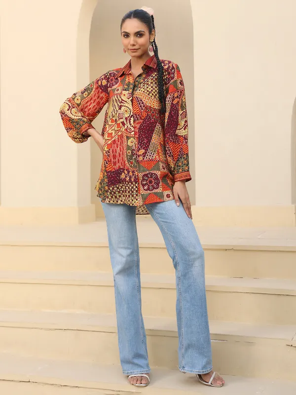 Multicolor linen silk top with print