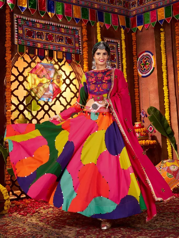 Multicolor navratri wear lehenga choli in muslin silk