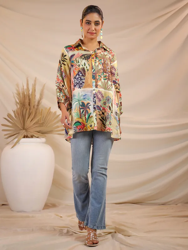 Multicolor printed satin silk top