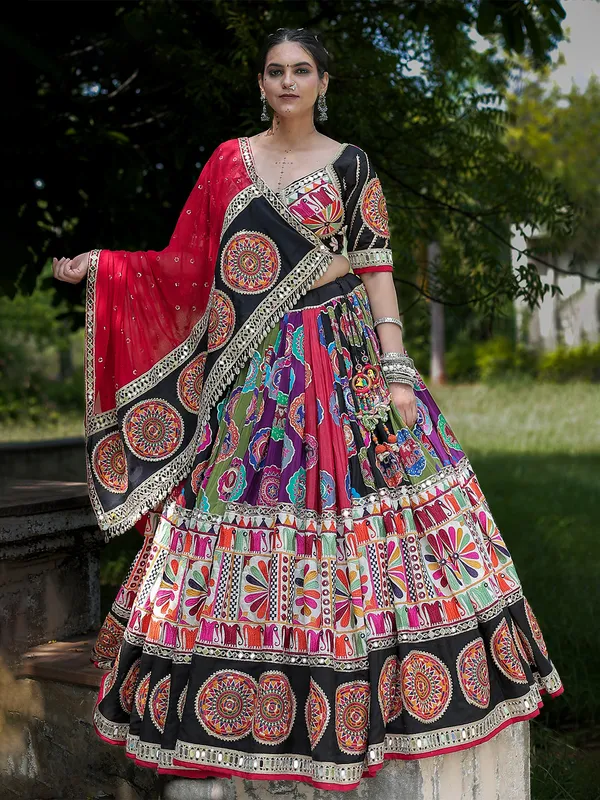 Multicolor silk navratri lehenga choli with print