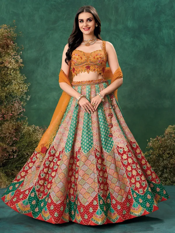 Multicolor wedding wear lehenga choli in soft raw silk