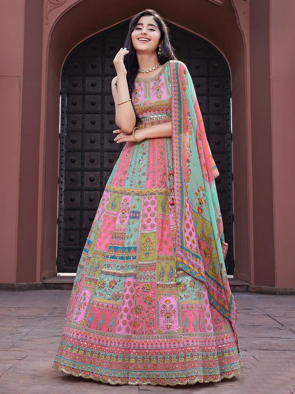 Multicolour festive wear silk lehenga choli