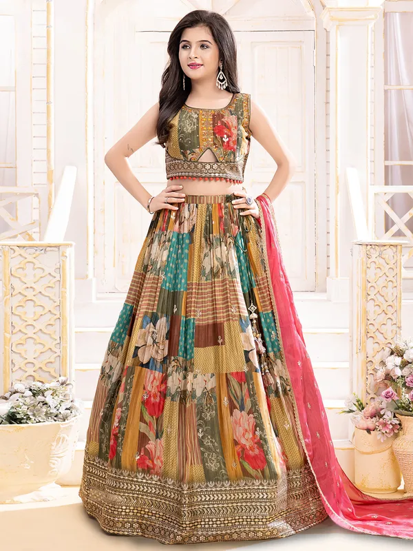 Multicolour printed silk lehenga choli