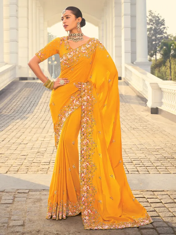 Mustard crape saree for wedding and festivities