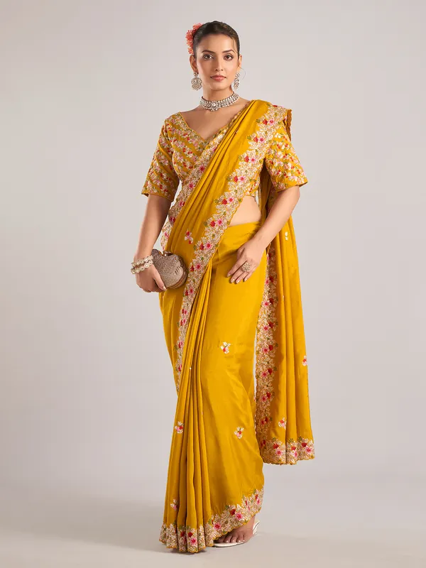 Mustard pure dola silk saree with embroidery work
