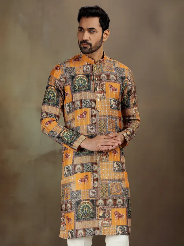 Mustard satin kurta with printed detail