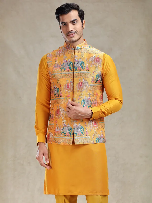 Mustard yellow printed jacquard silk waistcoat set