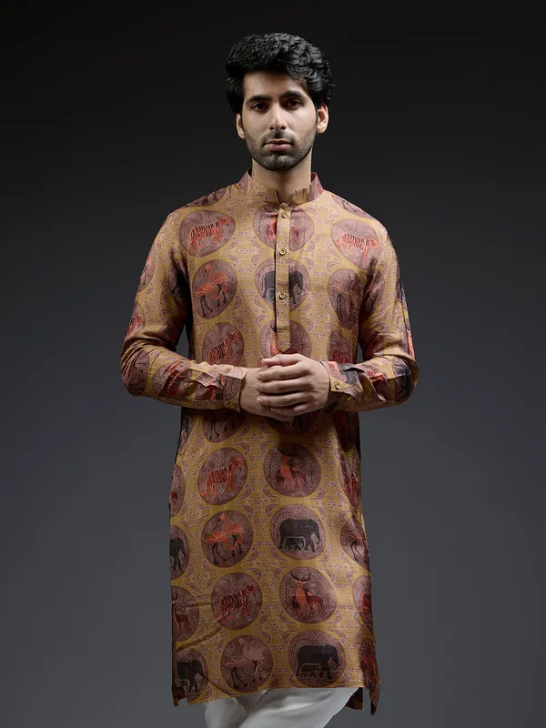 Mustard yellow and brown ajarakh printed silk kurta suit for men