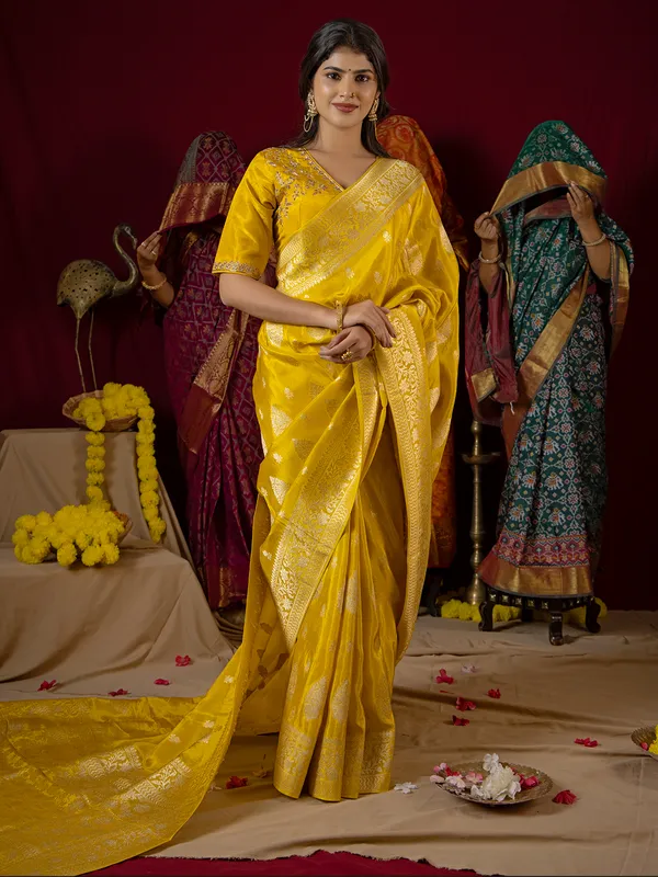 Mustard yellow banarasi silk saree for diwali