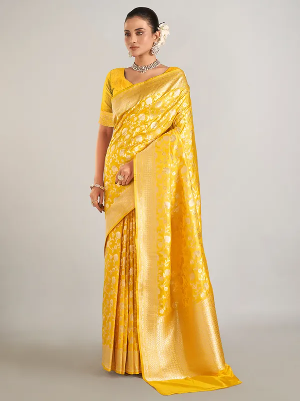 Mustard yellow banarasi silk saree for wedding wear