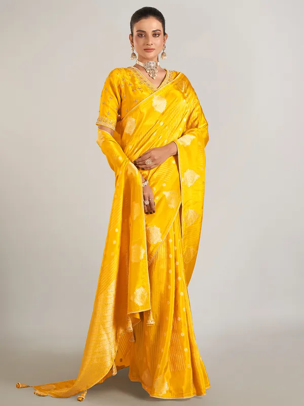 Mustard yellow banarasi silk wedding wear saree