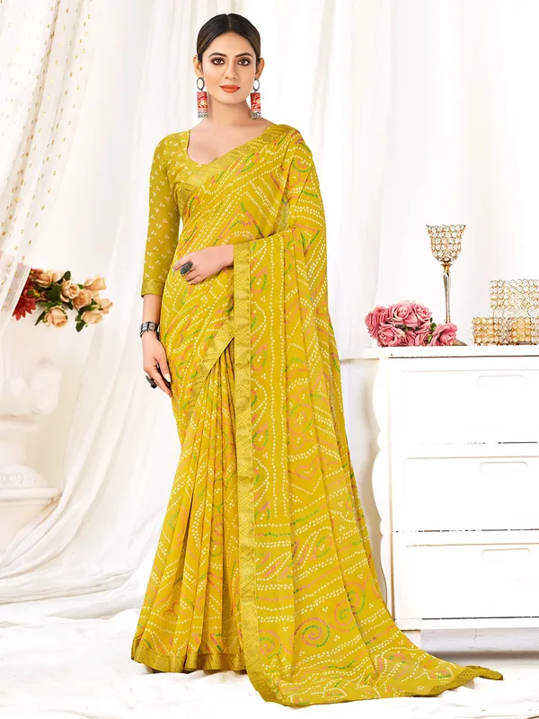 Mustard yellow bandhej printed chiffon saree for women