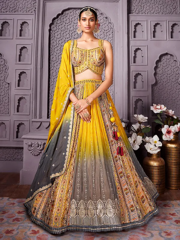 Mustard yellow chinnon lehenga choli with dupatta