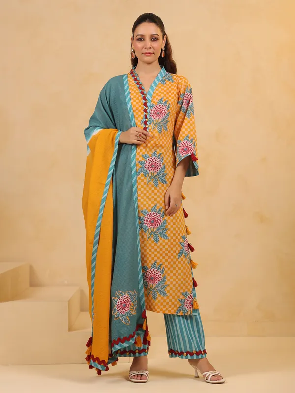 Mustard yellow coin work kurti set with dupatta