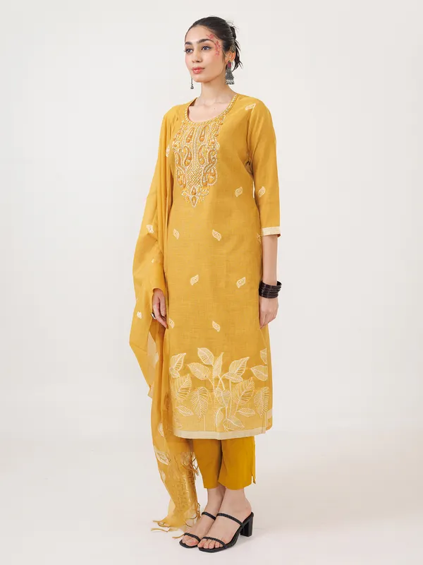 Mustard yellow cotton kurti set with dupatta