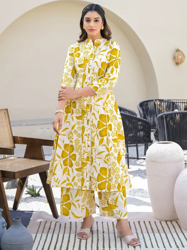 Mustard yellow cotton printed palazzo kurti set