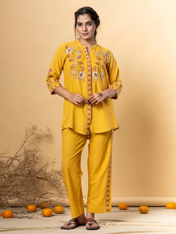 Mustard yellow cotton silk embroidered co ord set