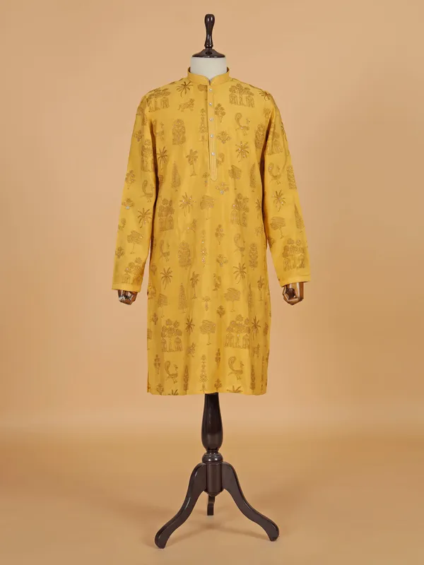 Mustard yellow cotton silk kurta suit for festive