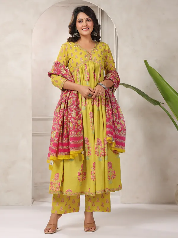 Mustard yellow cotton silk printed kurti set