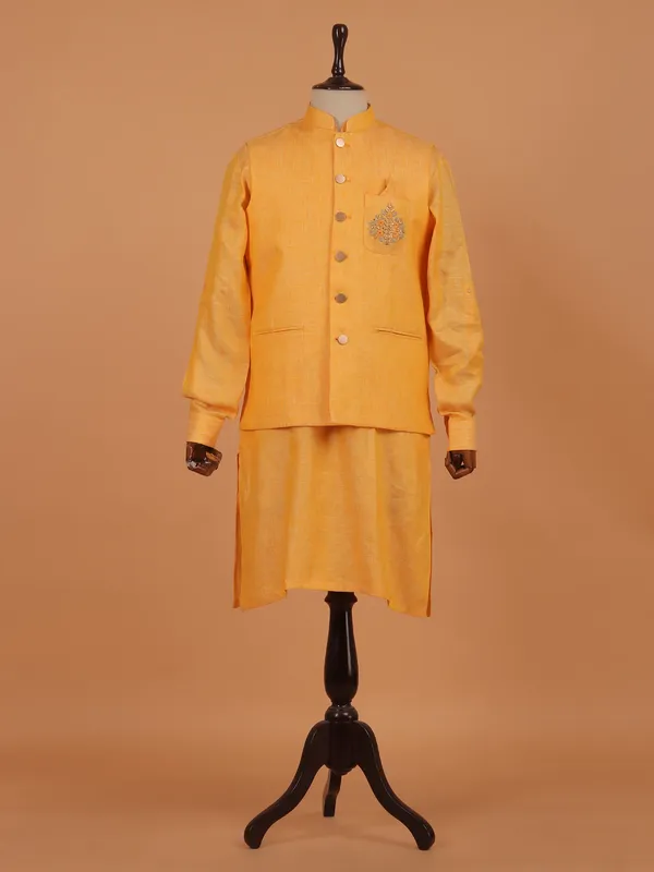 Mustard yellow cotton waistcoat set for men