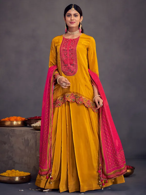 Mustard yellow crepe festive wear salwar suit