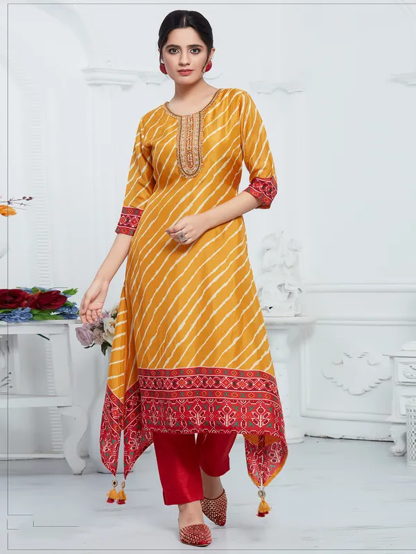 Mustard yellow digital printed a-line kurti