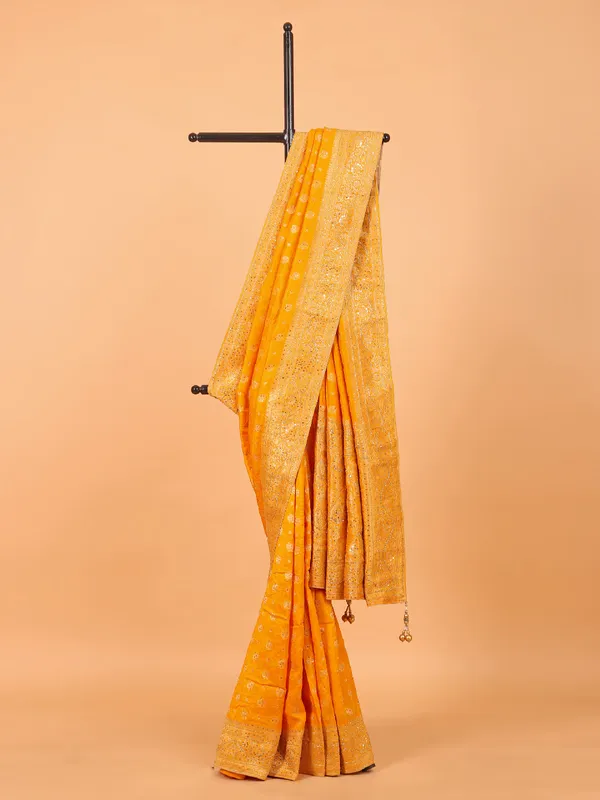 Mustard yellow dola silk saree for wedding wear