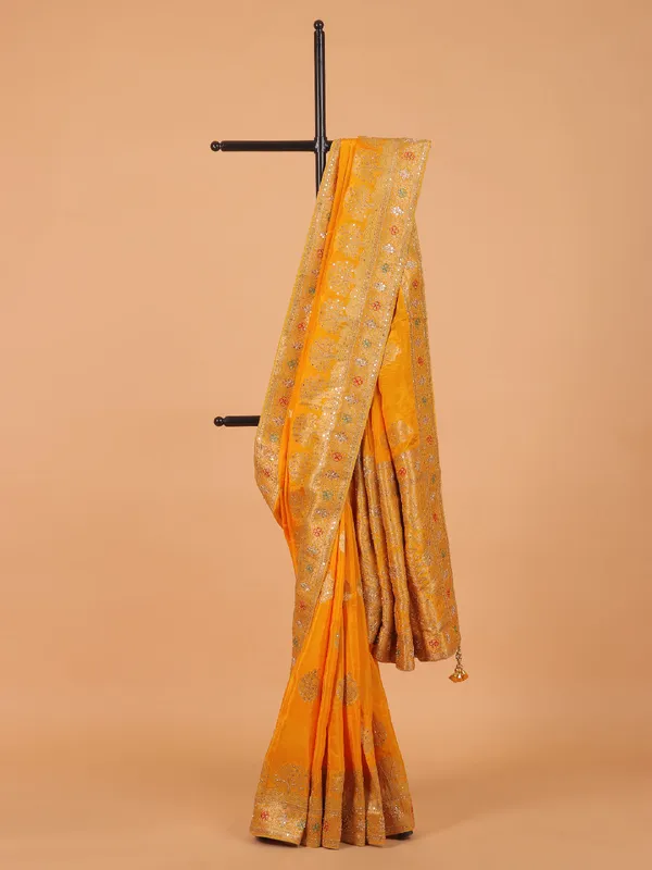 Mustard yellow dola silk saree with zari weaving