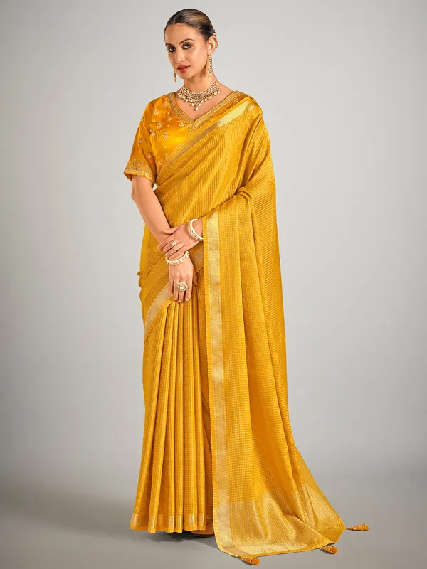 Mustard yellow dola silk zari weaving saree
