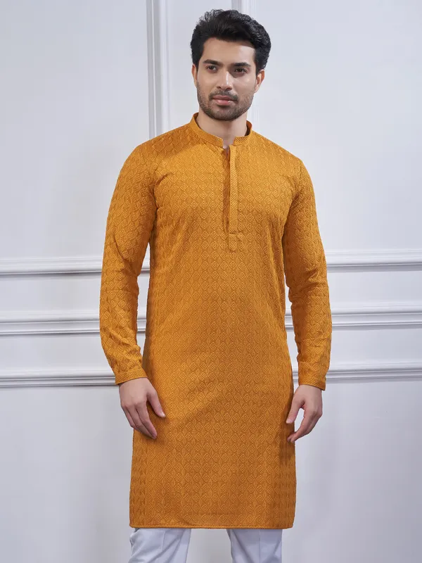 Mustard yellow embroidery cotton kurta suit for men