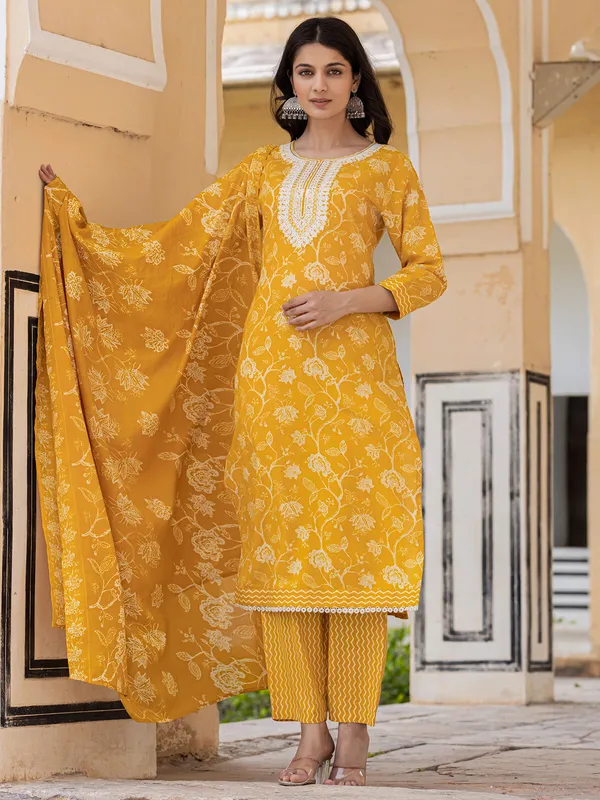 Mustard yellow floral print kurti set