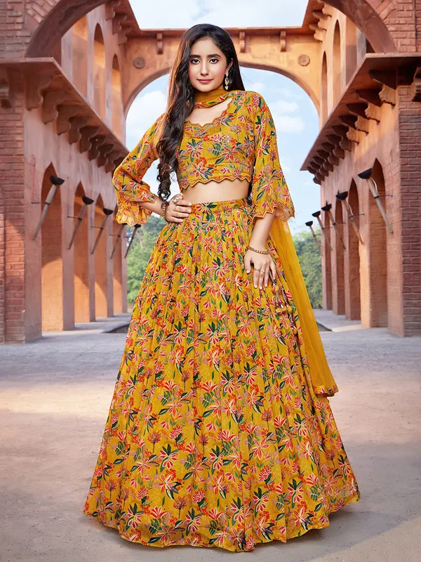 Mustard yellow floral print lehenga choli