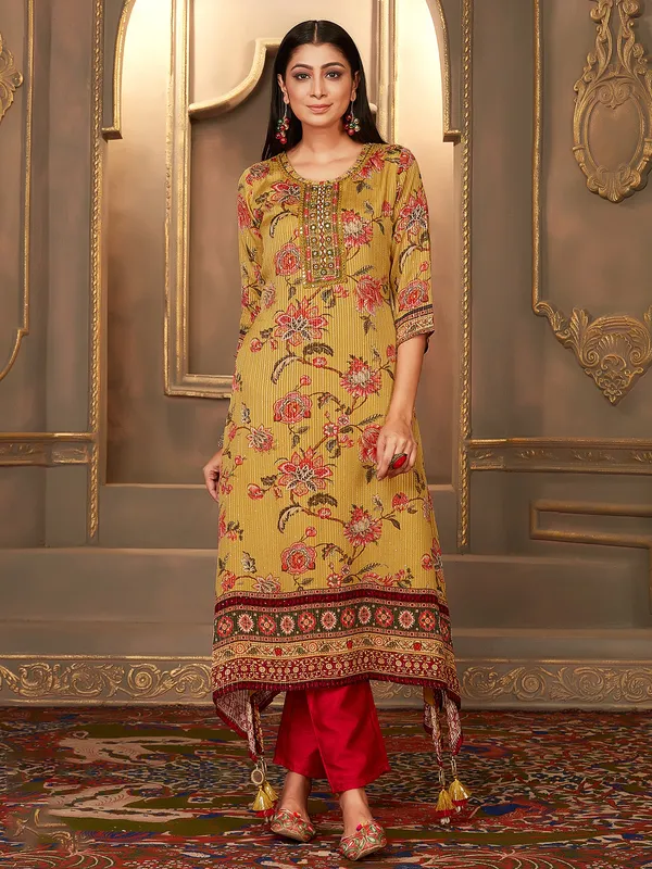 Mustard yellow floral printed a line kurti