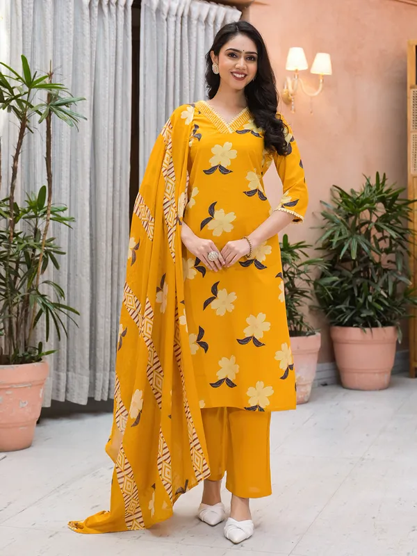 Mustard yellow floral printed silk kurti set