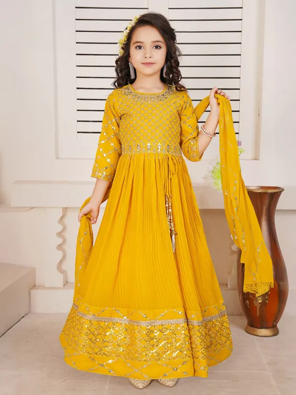 Mustard yellow georgette anarkali salwar suit for girls