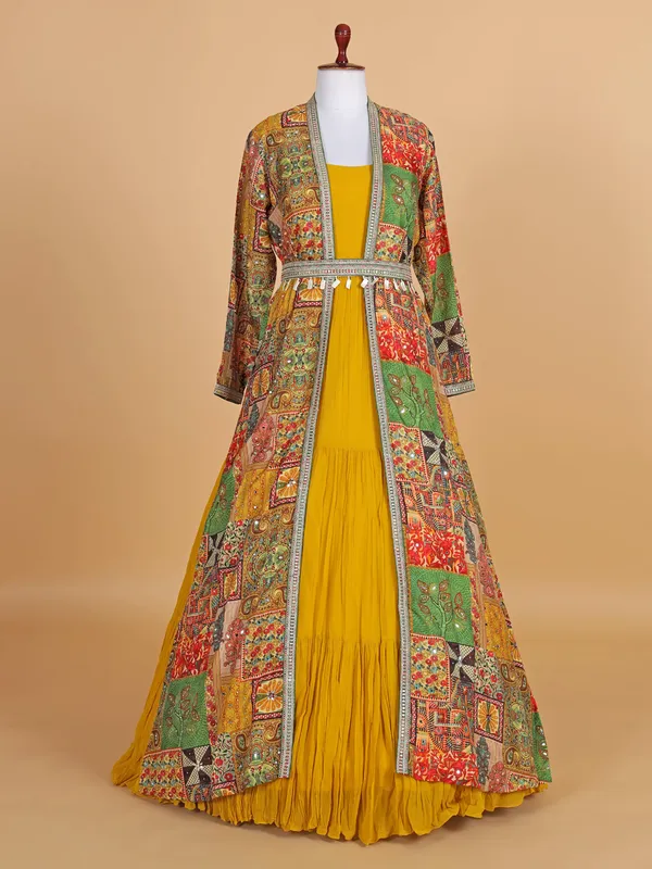 Mustard yellow georgette anarkali suit with jacket style