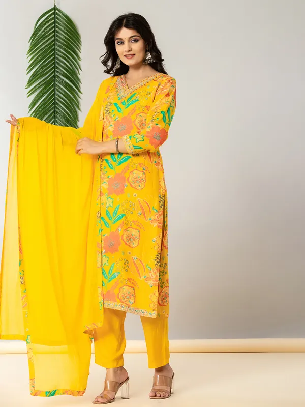 Mustard yellow georgette kurti set with aabla work