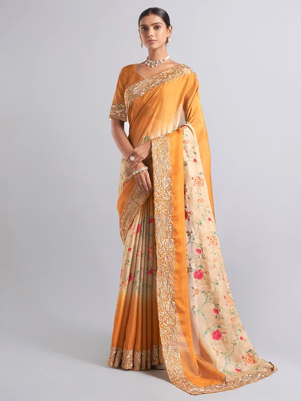 Mustard yellow georgette saree for reception