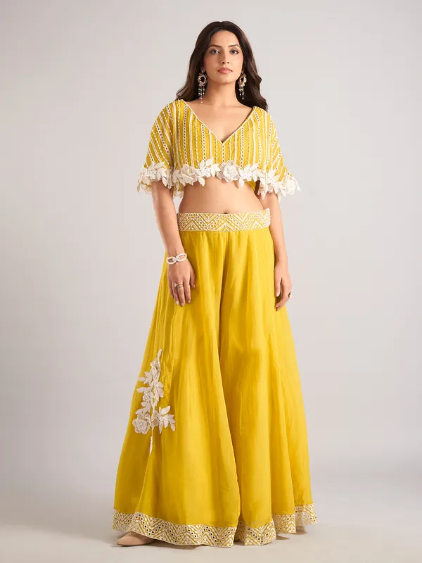 Mustard yellow georgette V neck palazzo suit