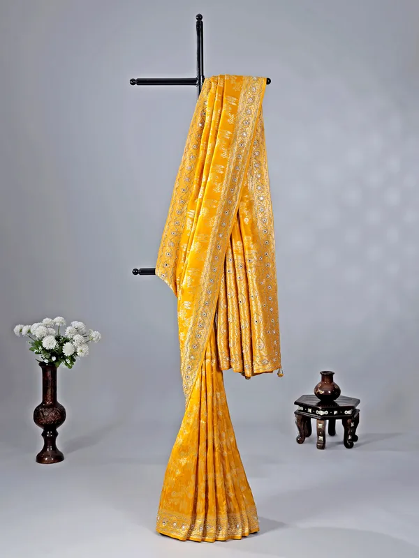 Mustard yellow haldi special silk saree with zari work