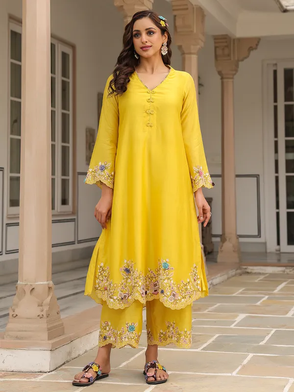 Mustard yellow kurti set for women in chanderi silk