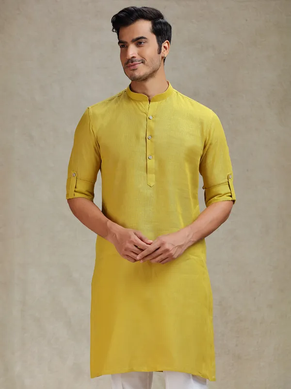 Mustard yellow linen kurta for haldi ceremony