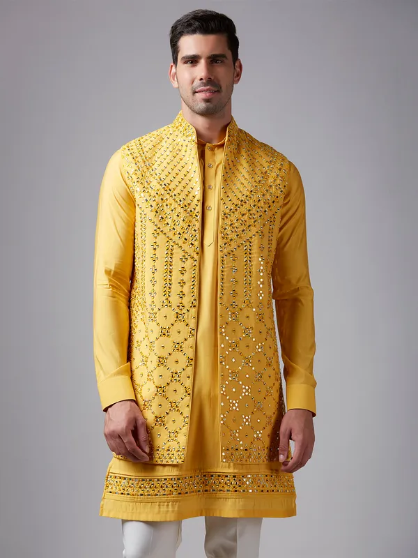 Mustard yellow mirror work waistcoat set