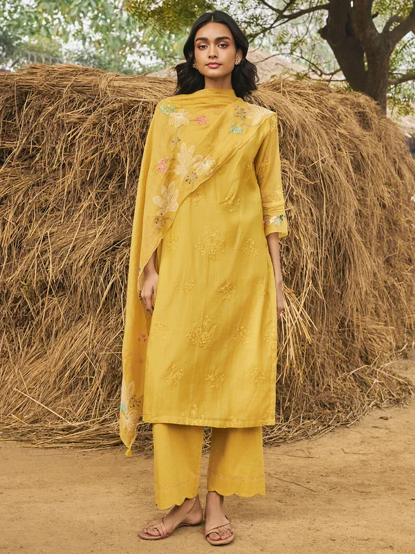 Mustard yellow muslin cotton salwar suit for festive wear