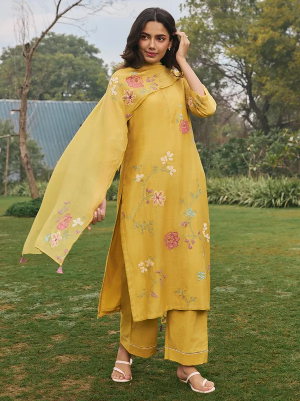 Mustard yellow muslin cotton  salwar suit with dupatta