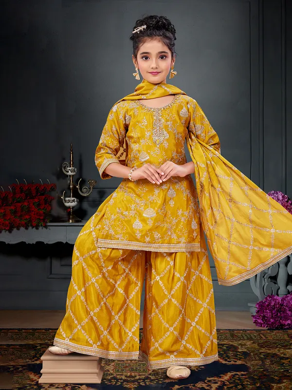 Mustard yellow pakistani palazzo suit with aabla work
