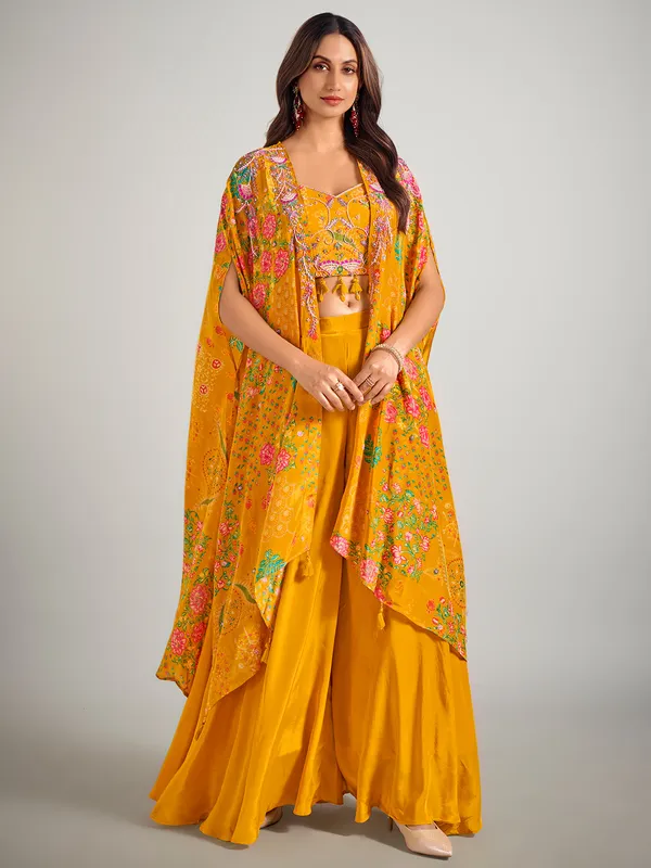 Mustard yellow palazzo suit in satin silk