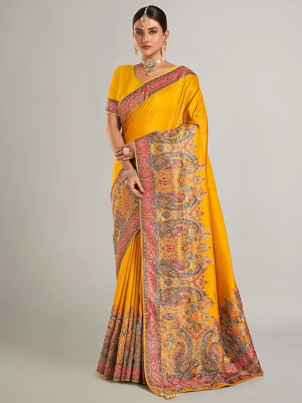 Mustard yellow pashmina silk saree